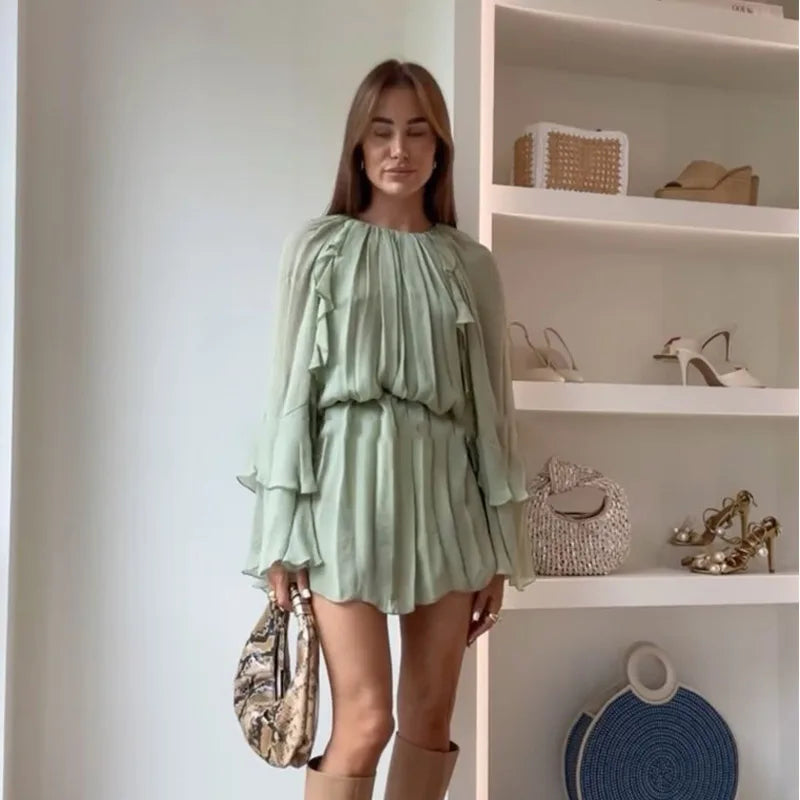 Elegant Women Green Irregular Ruffles Loose Mini Dress Fashion O Neck Full Sleeve Short Vestidos Spring Summer Chic Lady Dresses