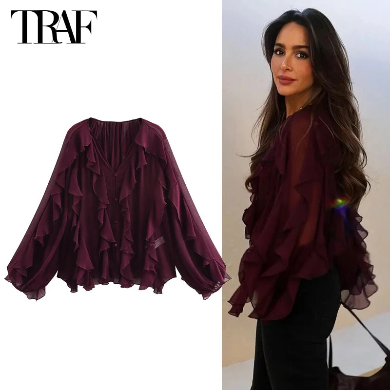 Blusas femininas com babados TRAF, blusas casuais semitransparentes, camisas e blusas femininas de manga comprida, estilo fada, para primavera, 2025