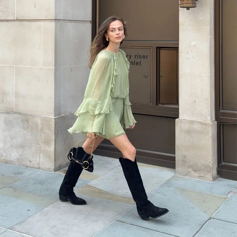 Elegant Women Green Irregular Ruffles Loose Mini Dress Fashion O Neck Full Sleeve Short Vestidos Spring Summer Chic Lady Dresses