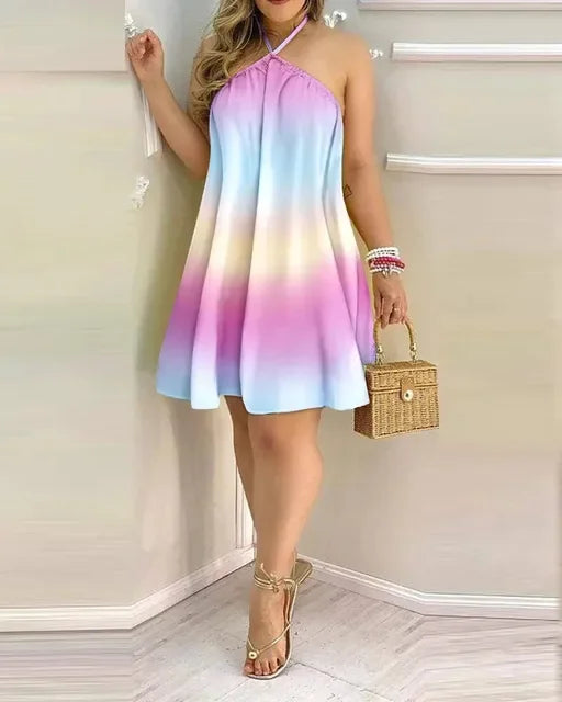 Vestidos Sem Mangas Sem Costas Curto Mini Vestido Solto Halter Neck Estampa Praia Vestido de Verão Floral Vestidos S-3XL