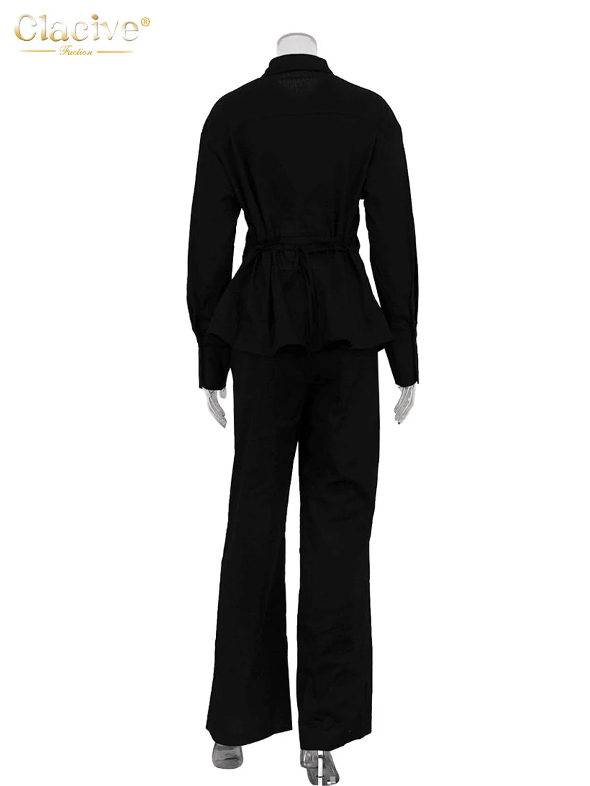 Conjunto de Duas Peças Elegantes Camisa de Manga Longa com Cintura Média Calças Largas Conjunto Streetwear