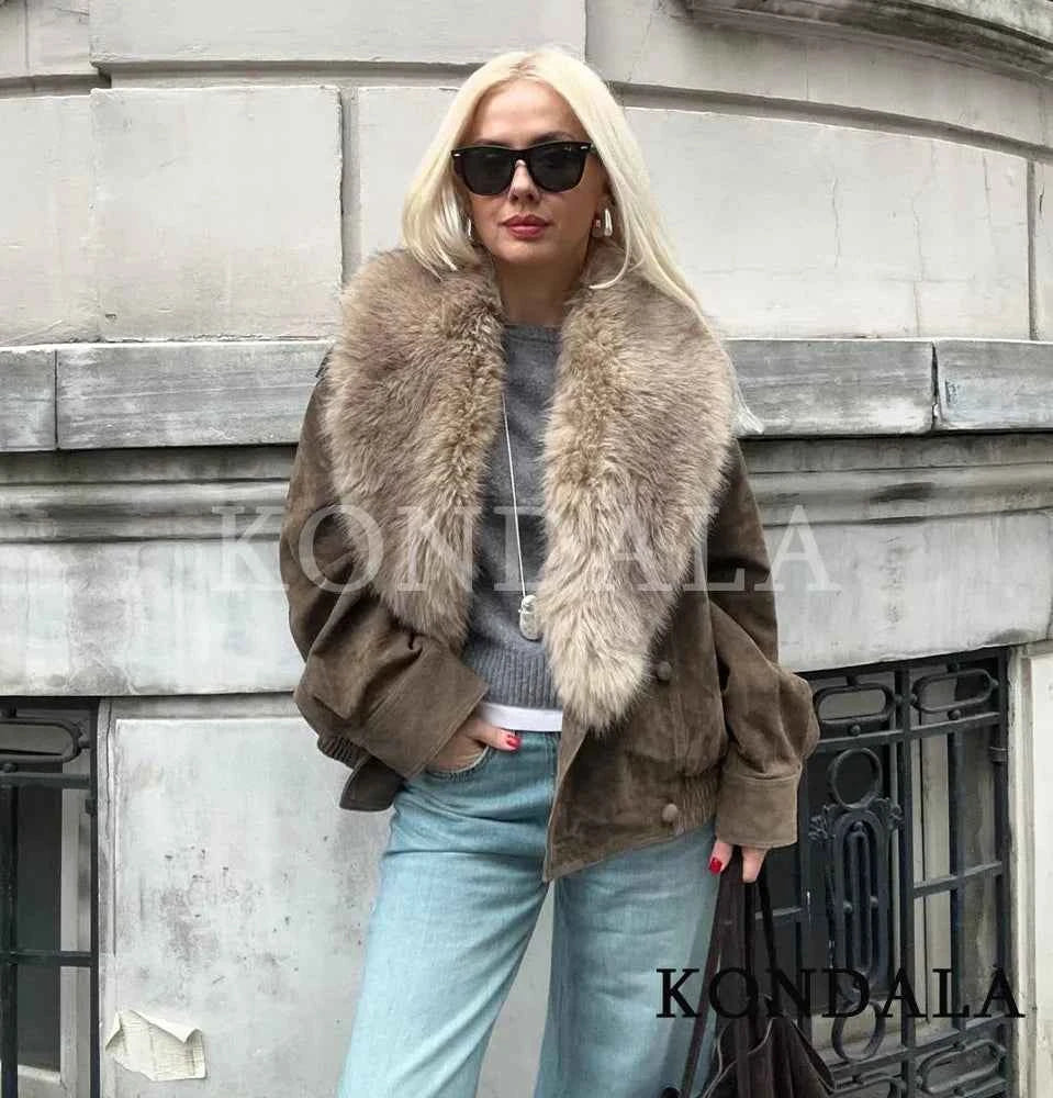 KONDALA Trendy Vintage Fur Collar Jacket Coat Women Elegant Double-breasted Suede Jacket 2026 Fall Winter High Street Jacket