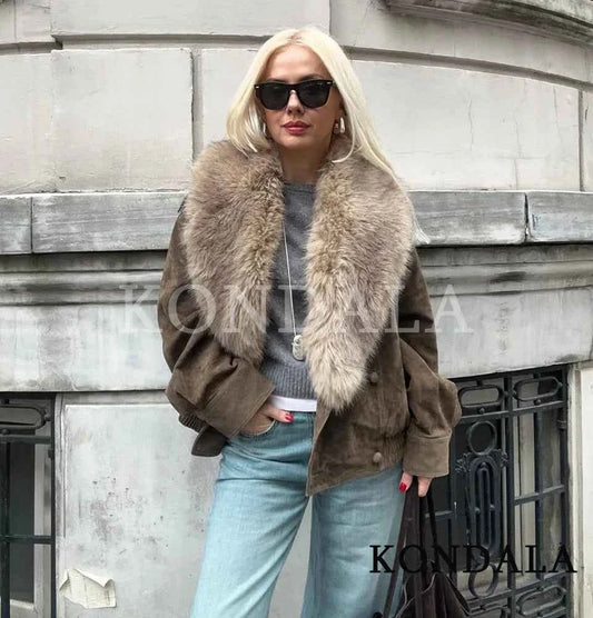 KONDALA Trendy Vintage Fur Collar Jacket Coat Women Elegant Double-breasted Suede Jacket 2026 Fall Winter High Street Jacket