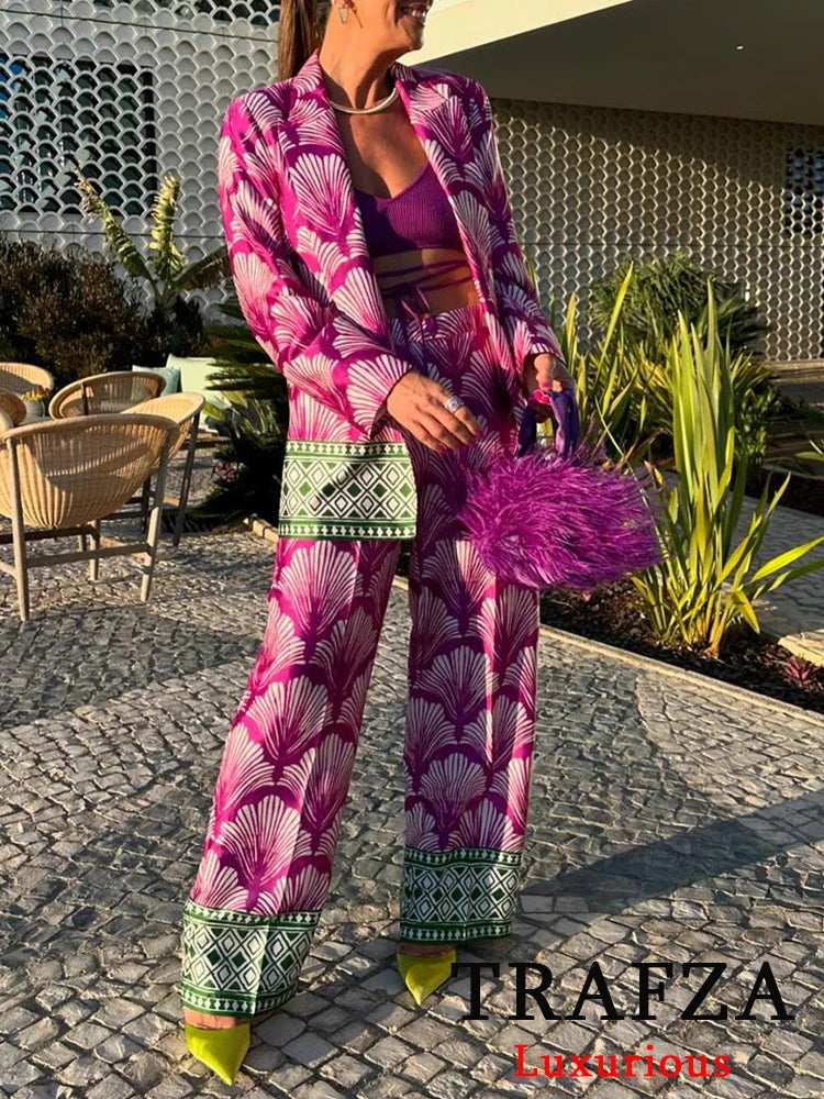 TRAFZA Vintage Chic Print Women Suit Single Breasted Slim Blazer Straight Loose Pants New Fashion 2024 Office Lady Sets