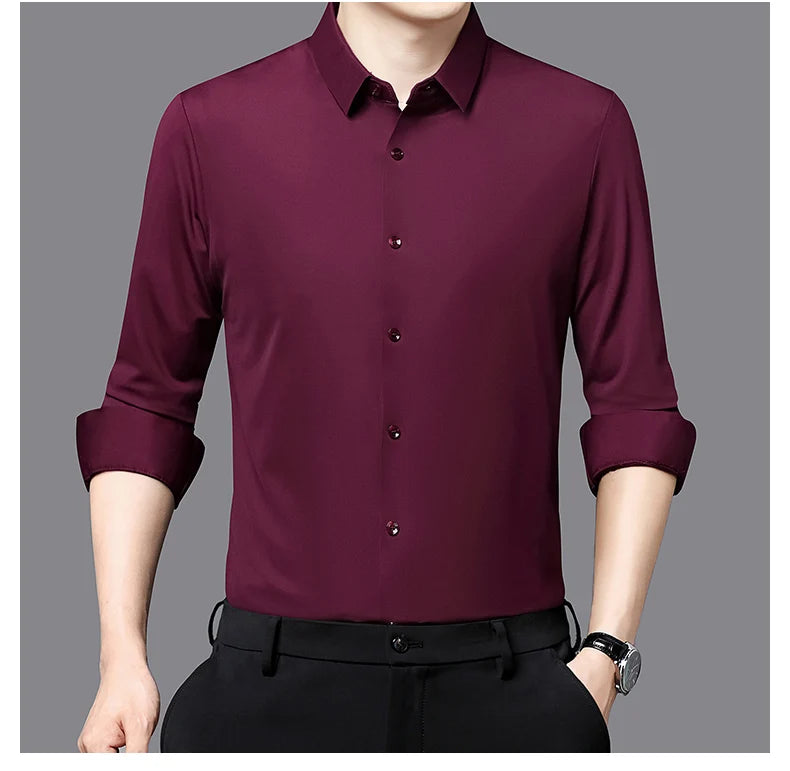 Camisa masculina premium ultraelástica - Camisa formal de manga comprida de seda de alta qualidade para uso social e casual