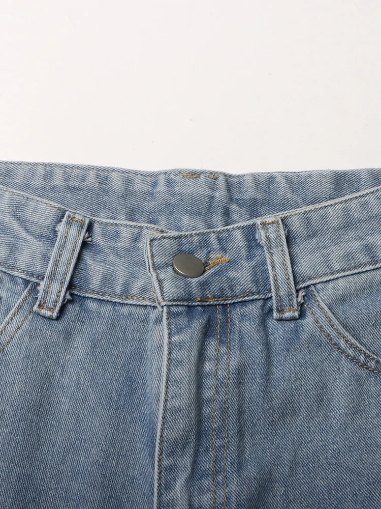TWOTWINSTYLE Calça jeans feminina folgada com bolsos e patchwork, casual, lisa, cintura alta, botão emendado, streetwear, cargo, jeans feminino