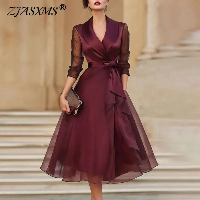Women's Notched Collar Satin Workwear Dresses Spring Solid Tie-up Bow Mesh Long Dress New Summer Sheer Sleeve A-Line Party Dress