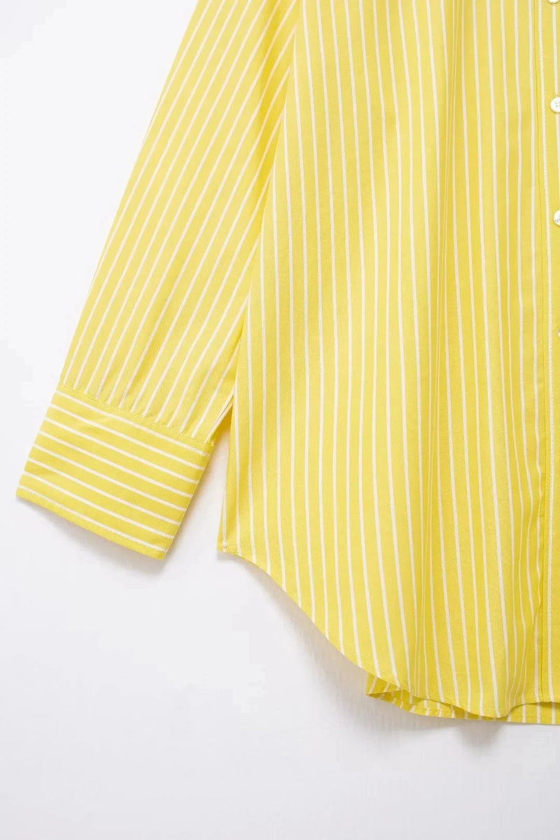 TRAFZA Blusa Listrada Amarela Feminina Calça Terno Camisa Solta Manga Longa Calças com Cordão