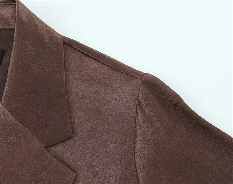 Women's Suit 2026 Spring New Style Reddish-Brown Long Sleeve Draped Pleated Decorative Simple Blazer and Trousers Set Fashion