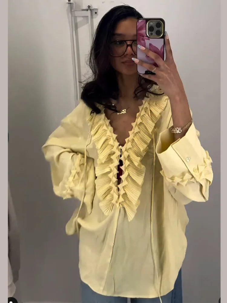 Blusa de chiffon com babados e manga comprida, blusa feminina casual solta, gola V, manga comprida, blusa de rua, primavera/verão 2025