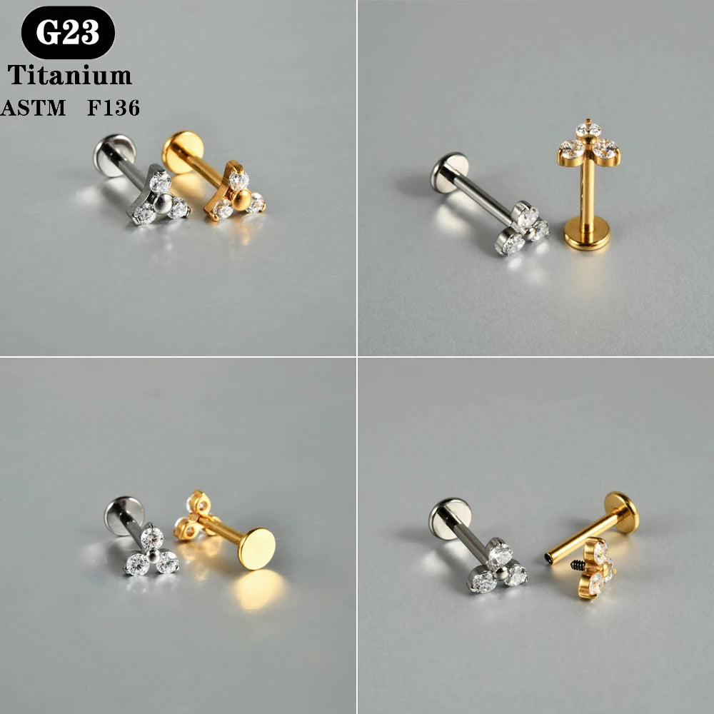 1PC ASTM F136 Titanium Zircon Flat Back Earring Flower Ear Studs Lobe Helix Tragus Cartilage Piercing Jewelry 16G