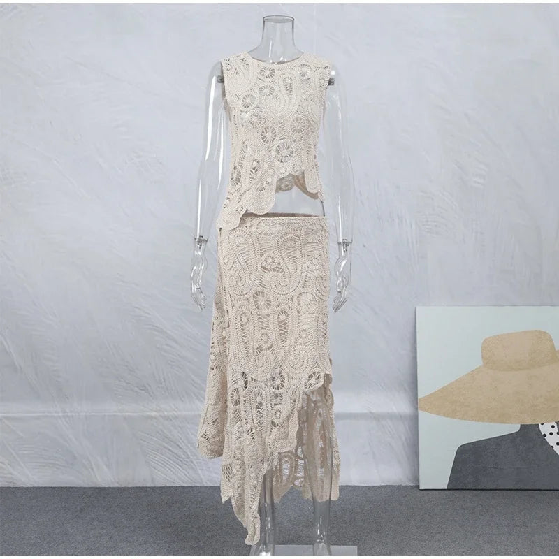 Crochet Knitted Asymmetric Women's Dress Set Chic O-neck Sleeveless Top Short Lining Skirt Suit 2023 Fashion Fairy Sweet Outfits