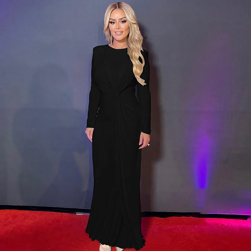 Elegant High Waist Folds Long Maxi Pink Dresses for Women 2025 Chic O-neck Long Sleeve Tunics Slim Solid Party Evening Dress