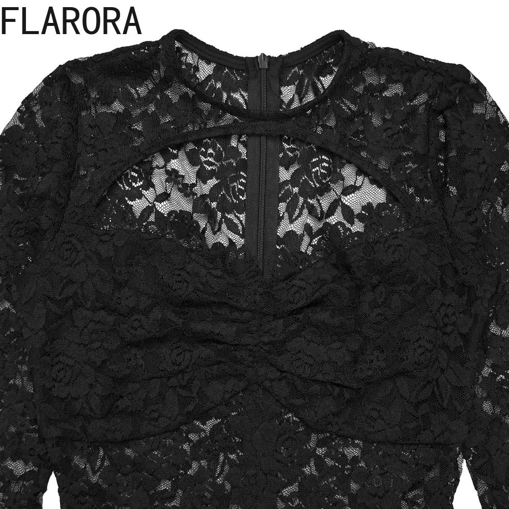 FLARORA Sexy Lace Hollow See Through Jumpsuits Woman O Neck Full Sleeve Peach Hip Slim Jumpsuit Midnight Party Clubwear Overalls