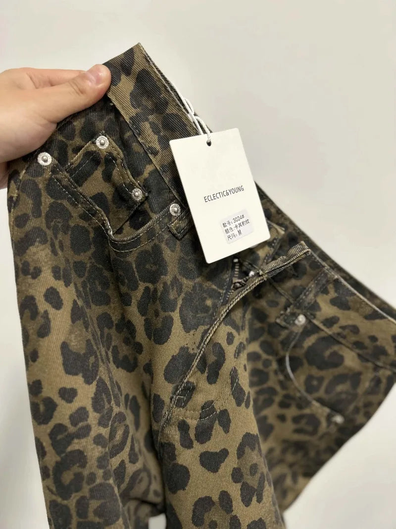 Calça jeans feminina americana retrô com estampa de leopardo, cintura alta, larga, casual, com bolsos, hip-hop, primavera/verão 2000, calça jeans pantera grande