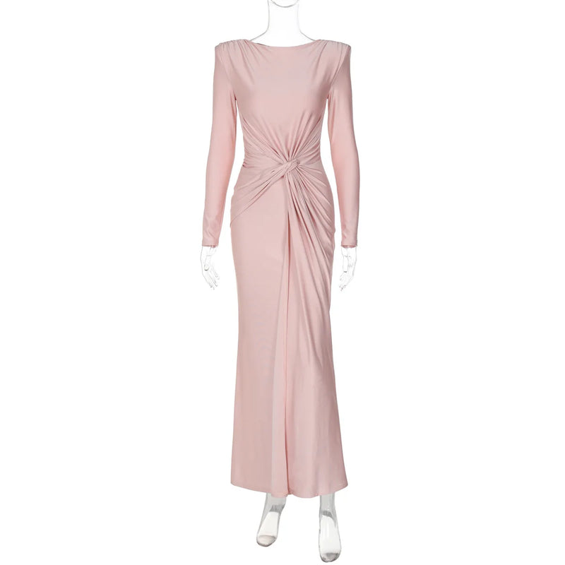 Ladies Autumn Elegant Evening Party Dress Women Long Sleeve O-Neck Ruched Fashion Maxi Dresses Night Club Streetwear Fall Outfit