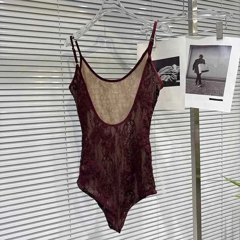 DEAT 2025 Autumn New Fashion Slim Fit Backless Lace One-Piece Camisole For Women Solid Color PU Leather Shorts Female 11A07083