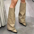 Botas de couro chunky de salto alto femininas, bico fino, estilo Chelsea, novas bombas femininas, botas gladiadoras para neve