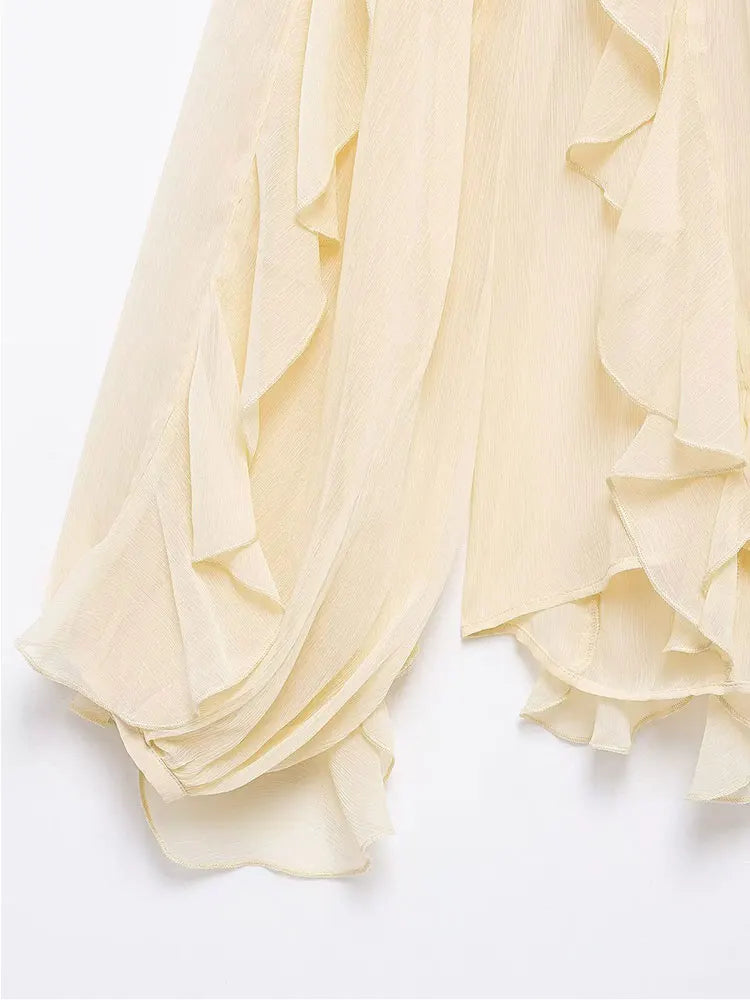 Camisa feminina casual com babados, solta, com cadarço, decote em V, blusas femininas para primavera de 2025