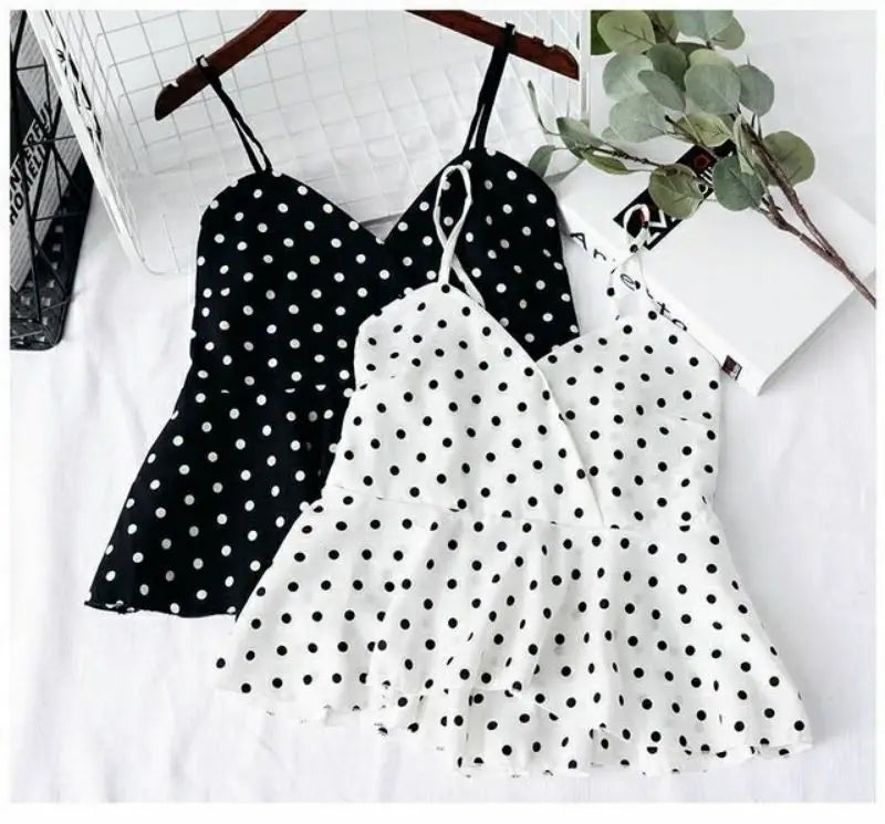 Red Polka Dot Print Chiffon Short V-Neck Sleeveless Sexy Pullover Women's Blouse Shirt Korean Fashion Female Clothing Tops 2024