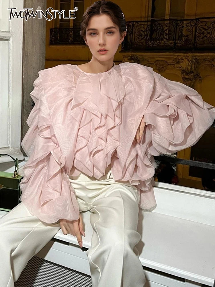 Blusas elegantes de chiffon com babados e patchwork, gola redonda, lanterna, manga comprida, camisa solta