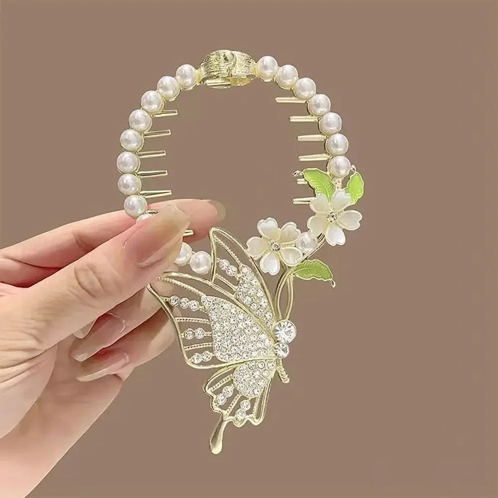 Chinese Style Flower Tassel Hair Bun Buckle High Ponytail Buckle Pearl Chain Pan Hair Claw Clip Fashion Lovely Alloy Headwear