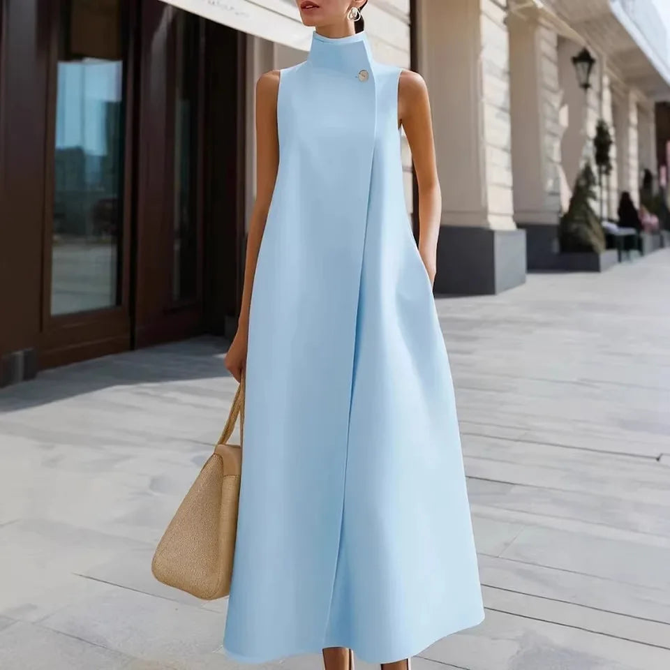 2026  Europe & America Cross-Border New Elegant Commuter Stand Collar Single Button Solid Color Sleeveless Vest Dress