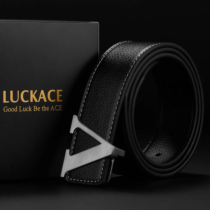 Cinto de design LUCKACE para homens, moda feminina, luxo, letras, fivela lisa, liga, fivela em V, cintos de couro, presentes, cintura
