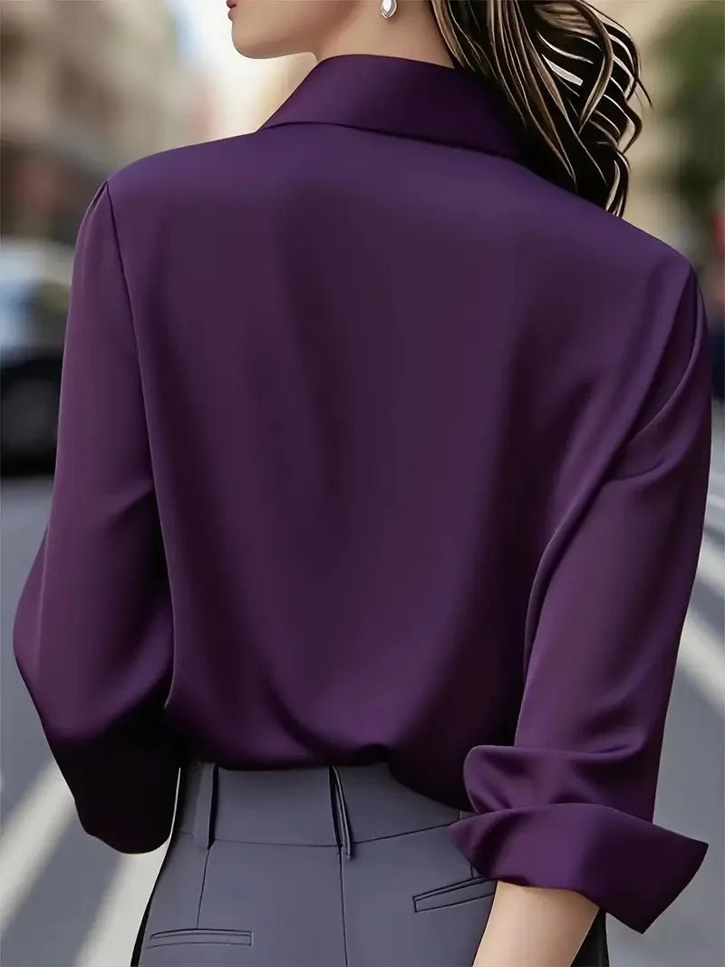 2025 New Women's Long-sleeved Shirt 10 Color Lapel Satin Button Cardigan Office Commuting Elegant Simple Top Basic Blouses