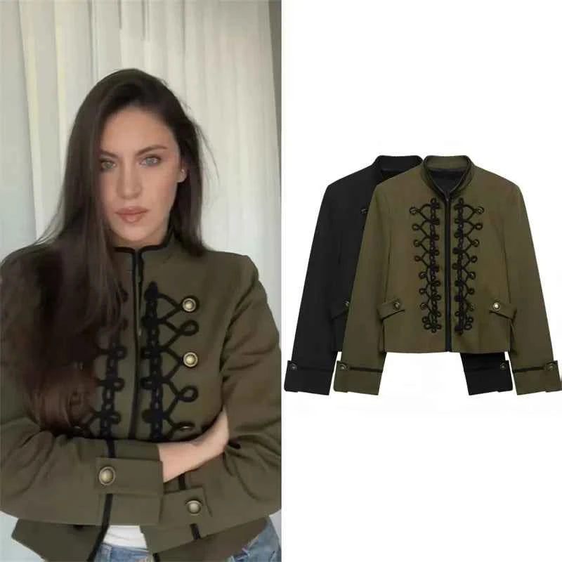 Women's Jacket 2026 Spring New Solid Color Long Sleeve Rope Knot Button Napoleon Style Slim Jacket Fashionable and Unique