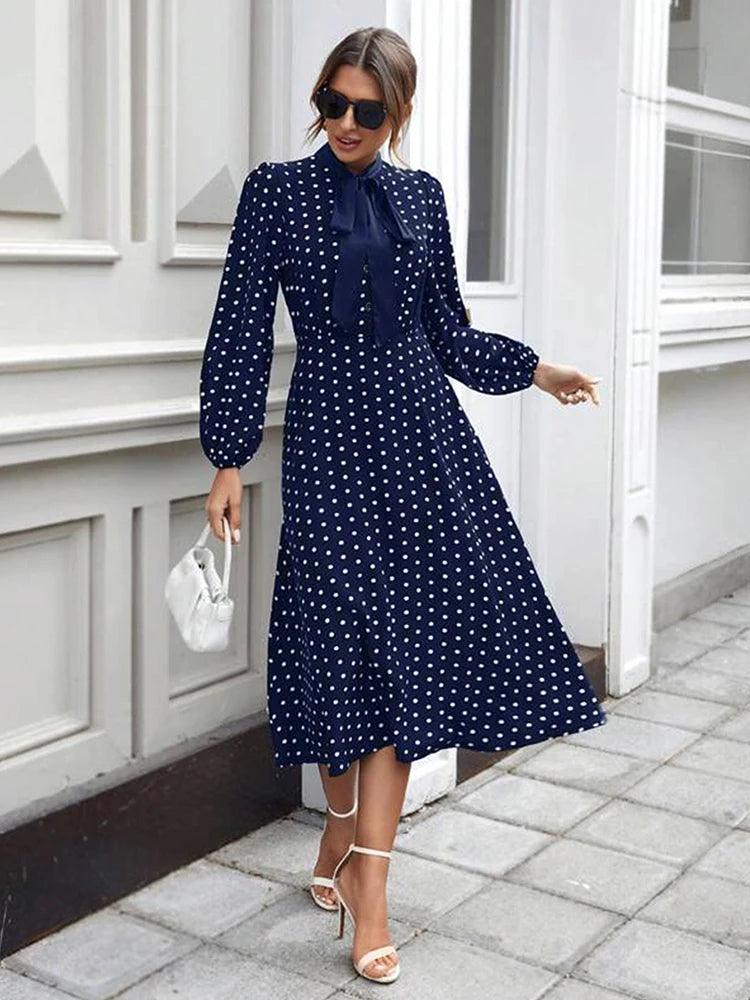 Women's Fashion French Full-body Polka Dot Print Tie Lantern Sleeve Small Stand Collar With Bow A Swing Dress - CRAVO ROSE