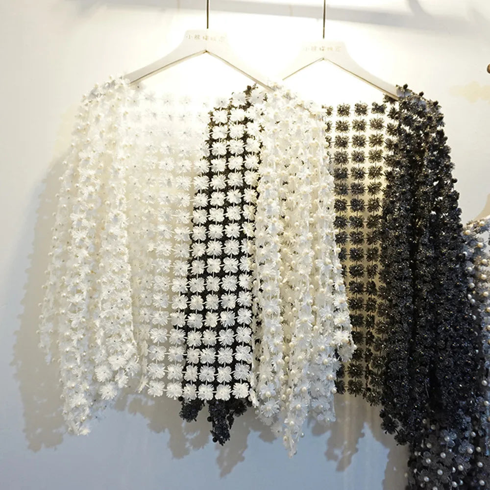 Women Beads Coat 2025 Summer Style Women Perspective Shawl Fashion Hollow Out Lace Boleros Short Sleeve Coats Jackets Femal
