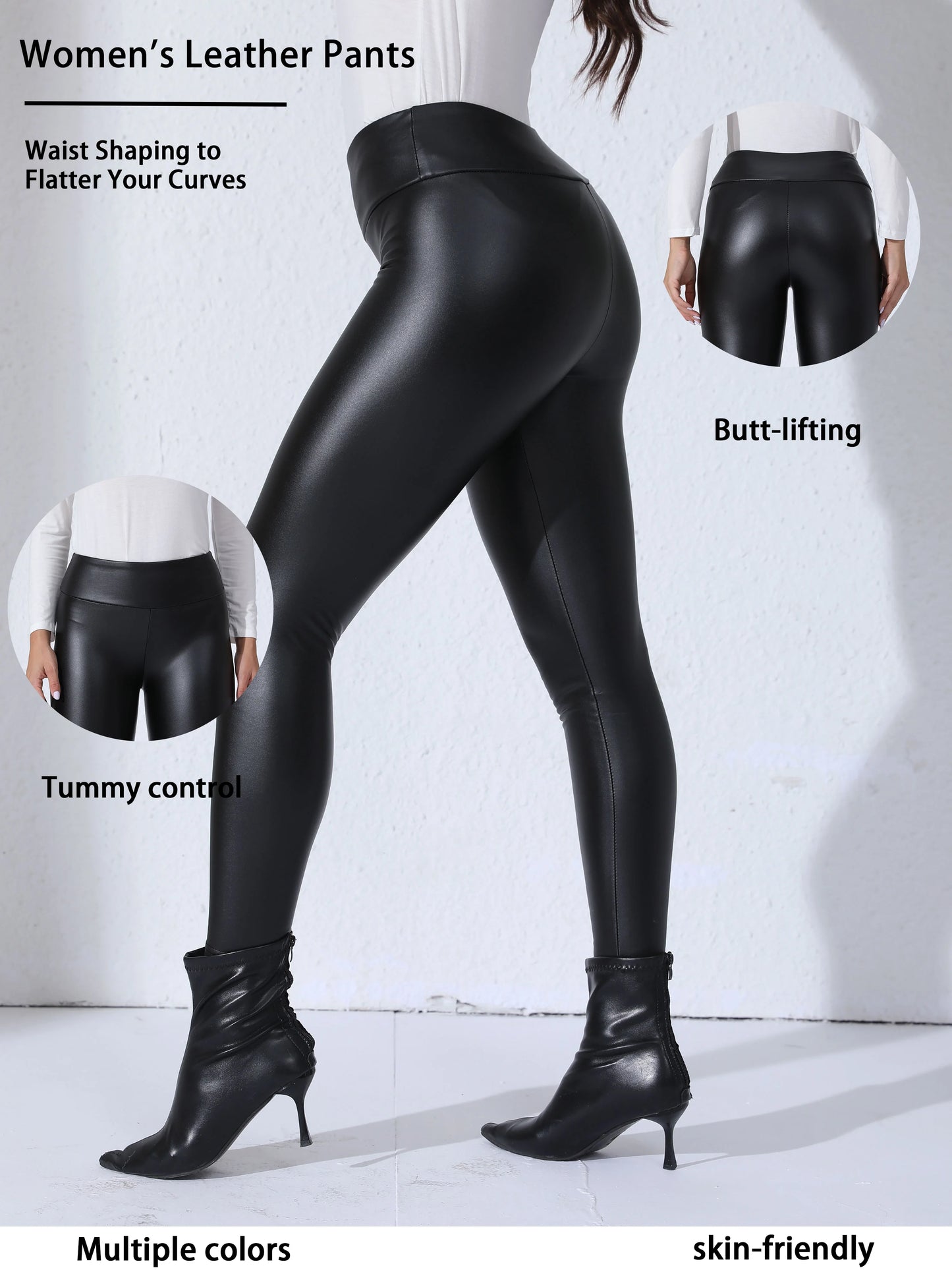 Women PU Leather Fleece-lined Leggings With Pockets Elastic Slim Skinny Pants High Waist Daily Trendy Casual Trousers