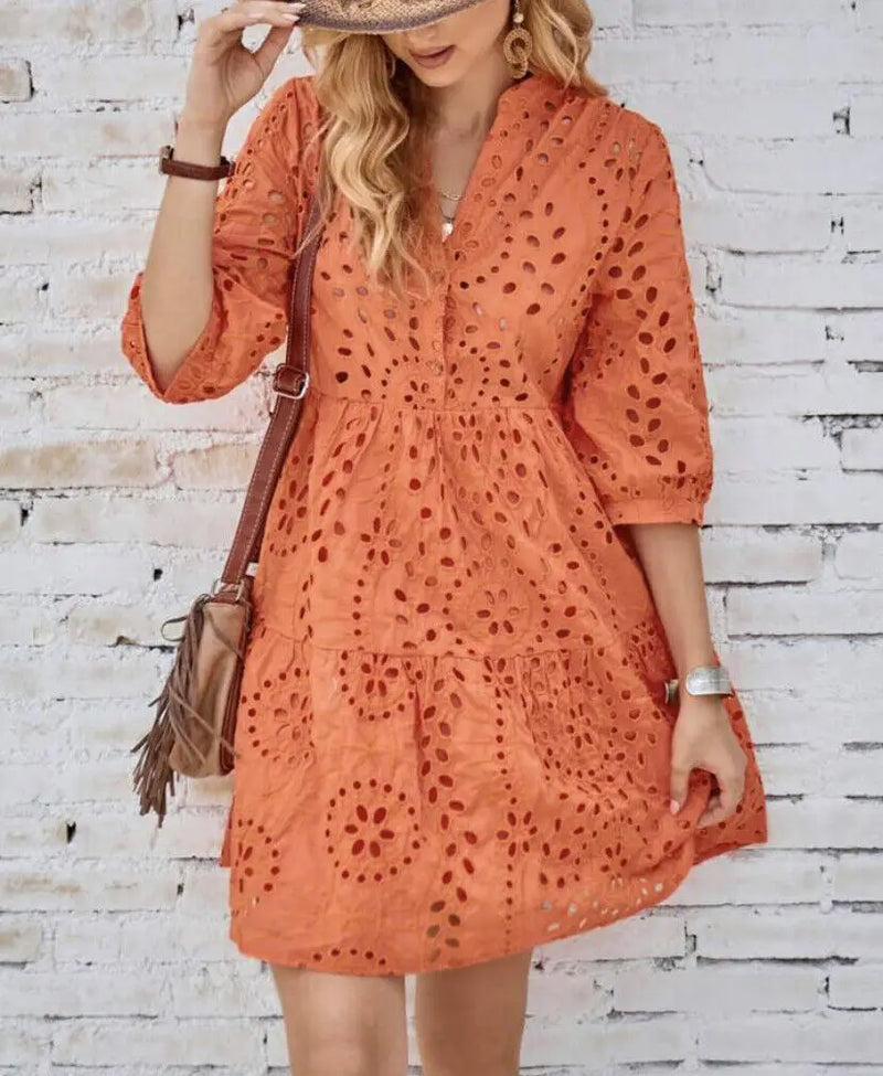 Spring Summer New Solid Color Hollow Out Fashion 7 Point Sleeve Dress Wmen's Casual Loose Simple Elegant Female Holiday Dresses