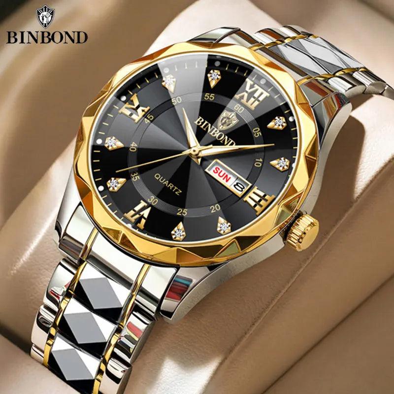 BINBOND Men Watch Stainless Steel Top Quailty Luxury Push Button Hidden Clasp Waterproof Luminous Date Week Sport Wrist Watches - CRAVO ROSE