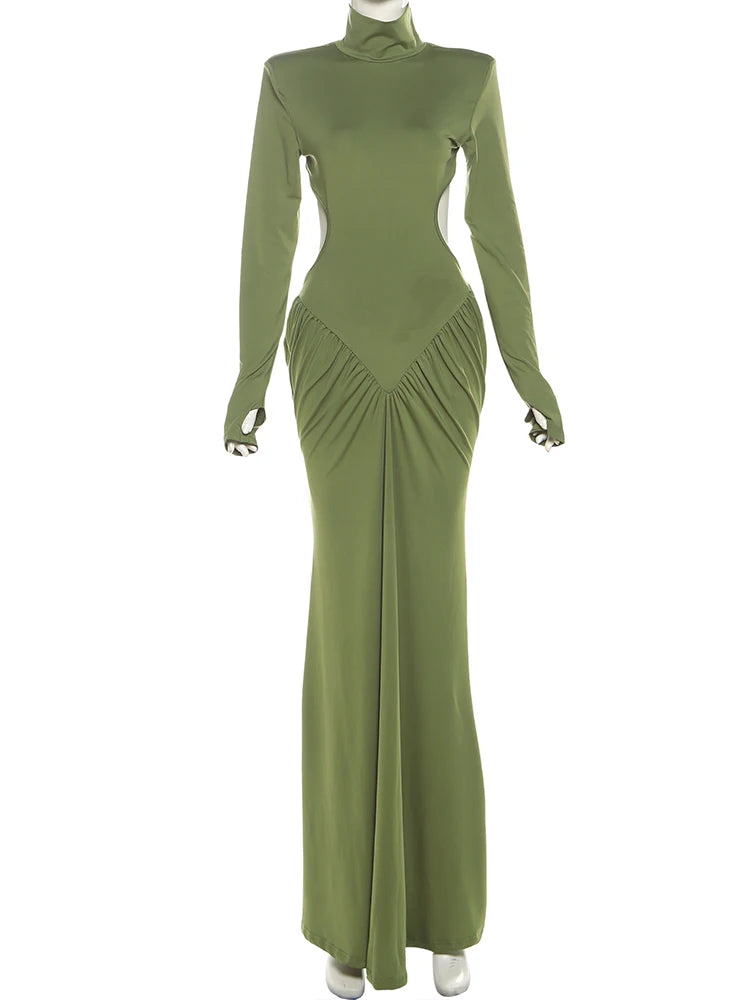 Weird Puss Backless Maxi Dress Women Shoulder Pads Long Sleeve Waistless Peach Buttocks Ruched Elegant Banquet Skinny Vestidos