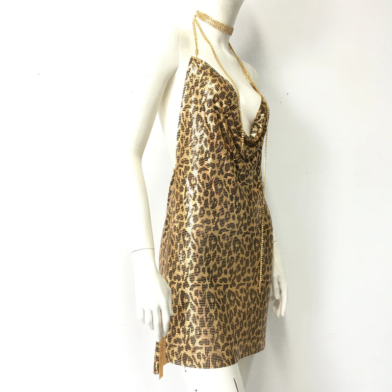 Women Leopard Print Metal Sequins Mini Dress Summer Sexy Deep V Neck Backless Halter Neck Party Dress Nightclub Streetwear