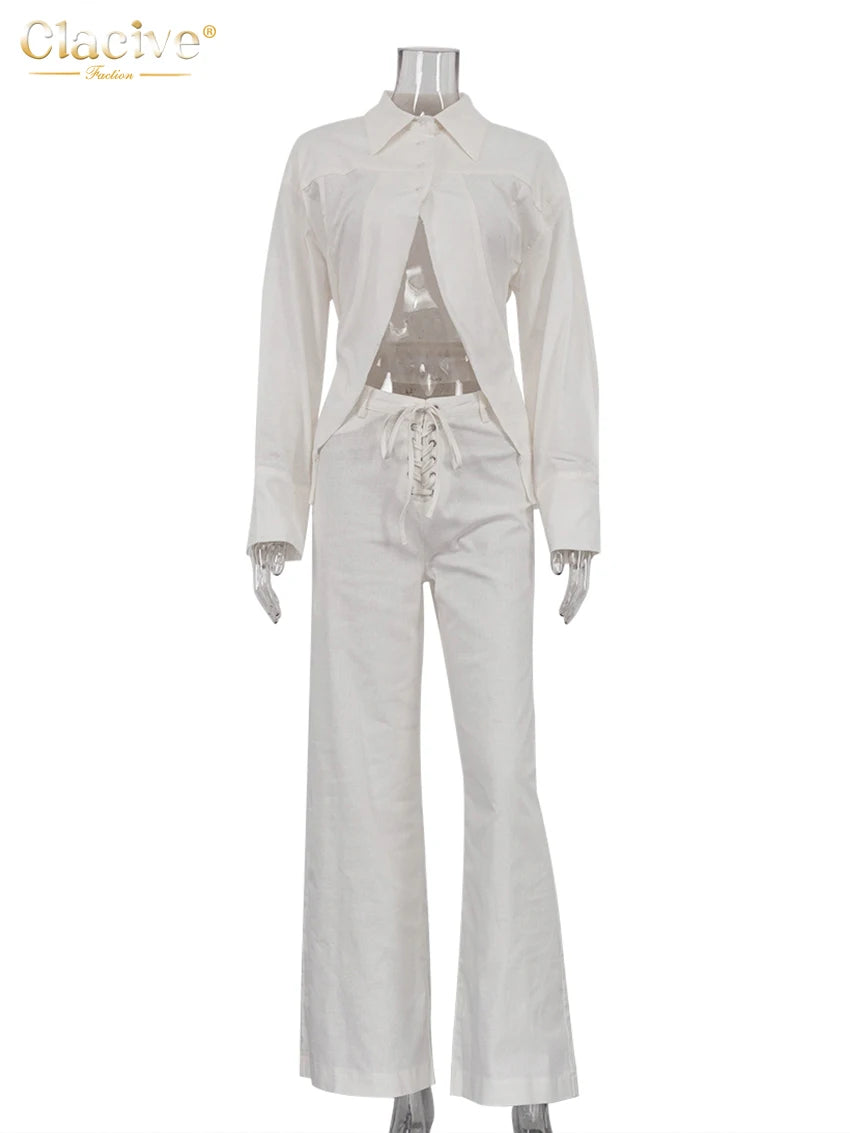 Conjunto de Duas Peças Elegantes Camisa de Manga Longa com Cintura Média Calças Largas Conjunto Streetwear