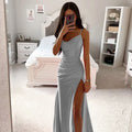 Women's Spring New Bra Shrink Pleated Split Satin Dress Sexy Slim Fit Wrap Hip Dress