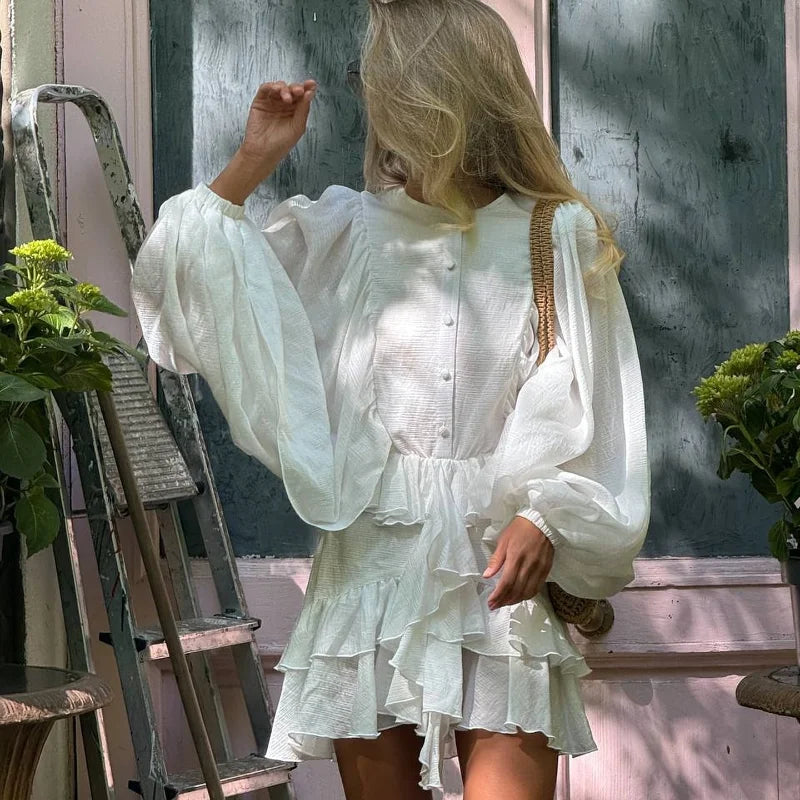 Vestido curto elegante com gola alta e borda de folha de lótus, retrô, floral, rosa, babados, manga comprida, moda urbana