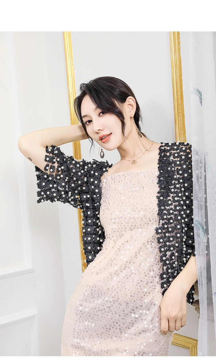 Women Beads Coat 2025 Summer Style Women Perspective Shawl Fashion Hollow Out Lace Boleros Short Sleeve Coats Jackets Femal
