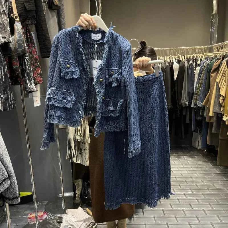 Elegant Vintage Autumn New Long Sleeve Loose Coat Women High Waist Straight Loose Pants 2026 New Denim Two Piece Sets
