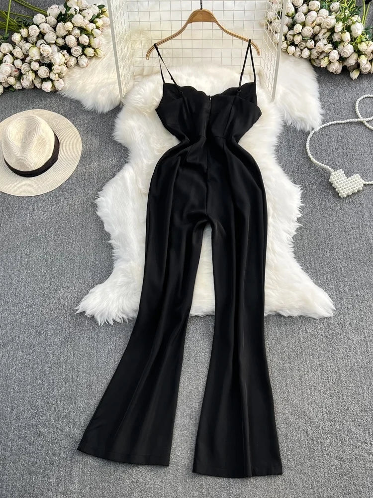 Elegant V-Neck Strap Dress Casual High Waist Slimming One-Piece Wide Leg Pants Long Loose Fitting Women's Online Exclusive