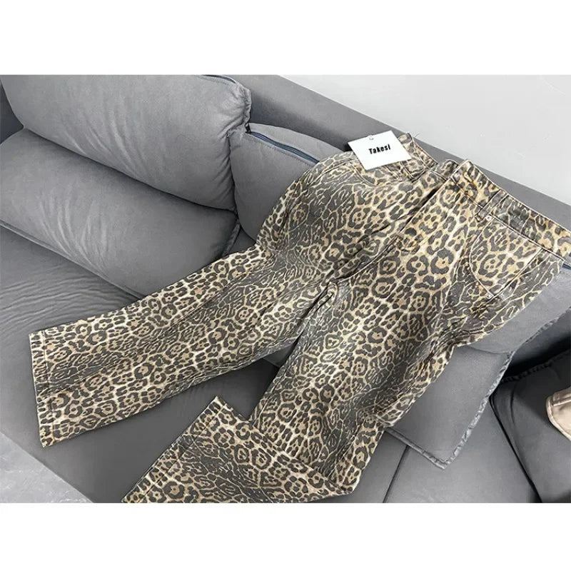Calça jeans feminina americana retrô com estampa de leopardo, cintura alta, larga, casual, com bolsos, hip-hop, primavera/verão 2000, calça jeans pantera grande