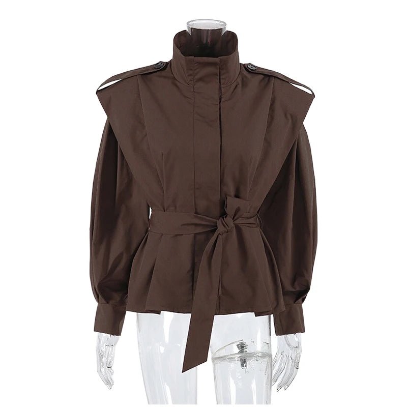 Fashion Stand Collar Belted Waist Short Jacket For Women Casual Puff Sleeve Wide Shoulder Coat Lady 2026 Chic Street Outerwear