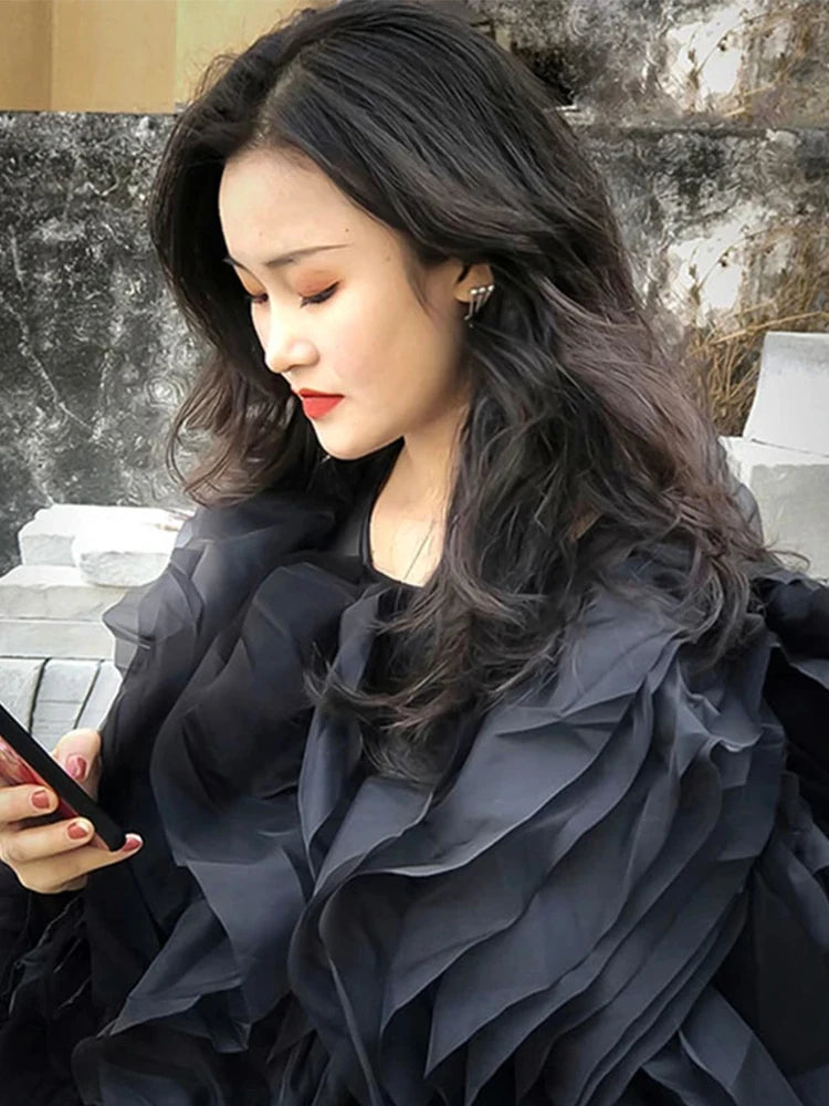 Blusas elegantes de chiffon com babados e patchwork, gola redonda, lanterna, manga comprida, camisa solta