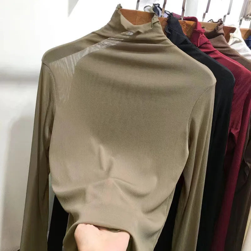 Women's Long Sleeve T-Shirt Lace  Mesh Base Shirt High Collar Pure Color Spring Autumn Fashion Breathable Comfortable Ski...