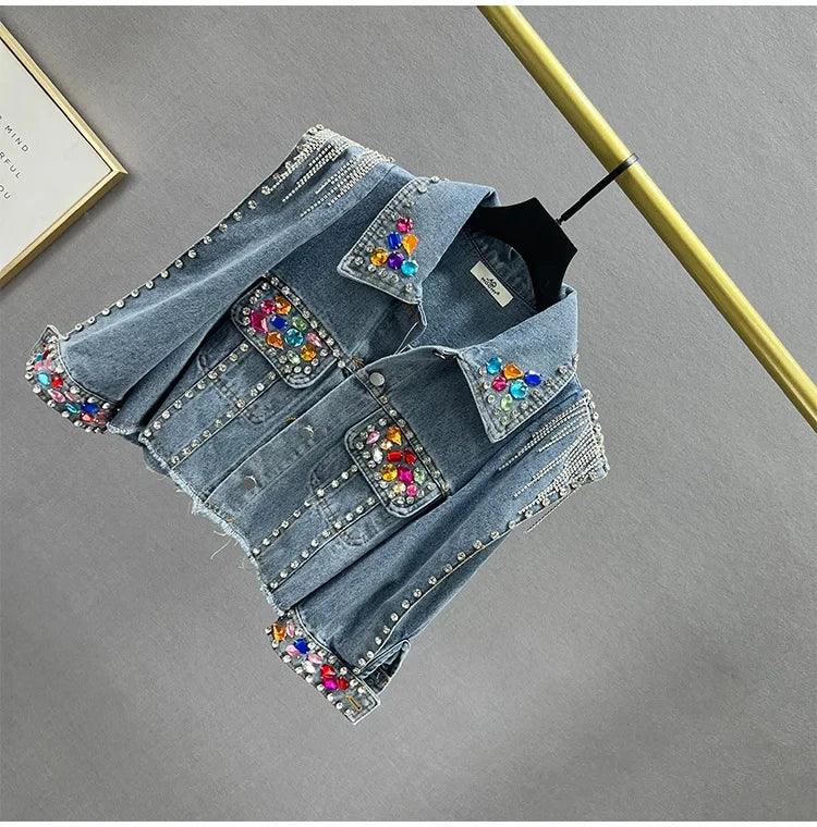 Tassel Rivet Colorful Diamond rhinestone luxury Fashion Women Long Sleeve Streetwear Outwears denim Jackets Coat Summer - CRAVO ROSE