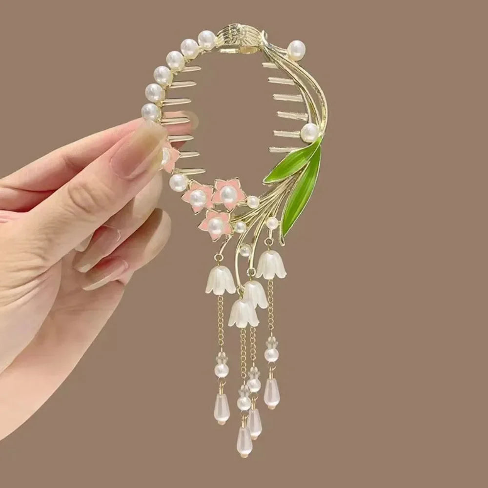 Chinese Style Flower Tassel Hair Bun Buckle High Ponytail Buckle Pearl Chain Pan Hair Claw Clip Fashion Lovely Alloy Headwear