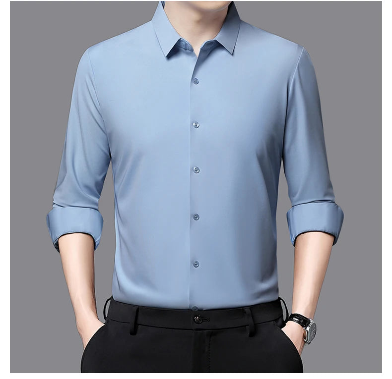Camisa masculina premium ultraelástica - Camisa formal de manga comprida de seda de alta qualidade para uso social e casual